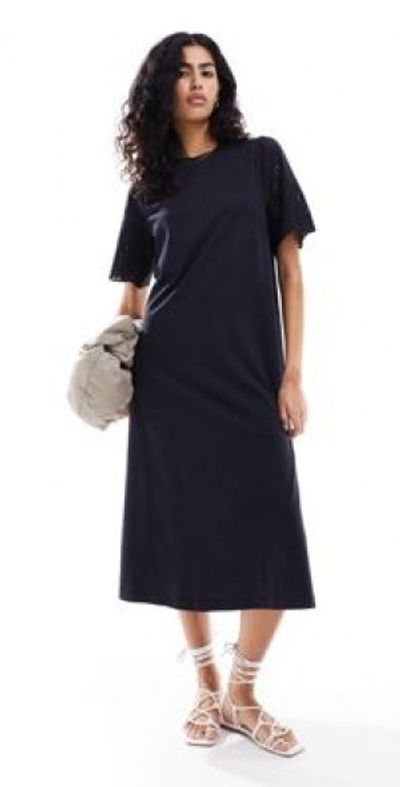 Y.A.S - jersey maxi T-shirt dress with broderie sleeves in black