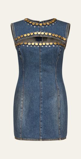 AREA Crystal Button Studded Slit Denim Mini Dress