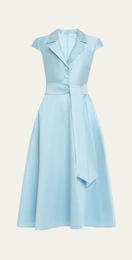 Badgley Mischka Belted Cap-Sleeve Pique Midi Shirtdress
