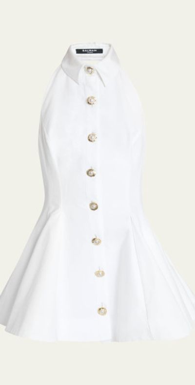Balmain Halter Popeline Fit-&-Flare Mini Shirtdress