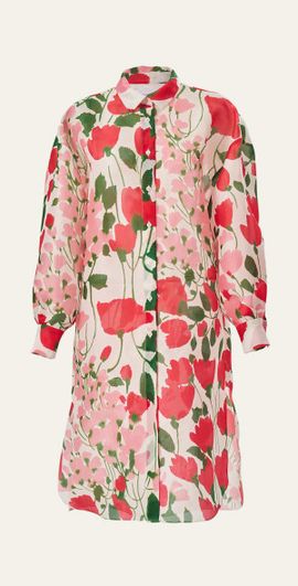 Carolina Herrera Rose Print Oversized Self-Belt Midi Shirt Dress