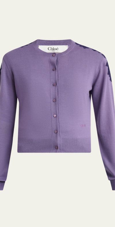 Chloe Guipure Lace-Trim Crewneck Knit Cardigan