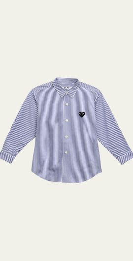 Comme des Garcons Kid's Play Striped Embroidered Heart Button Down Shirt
