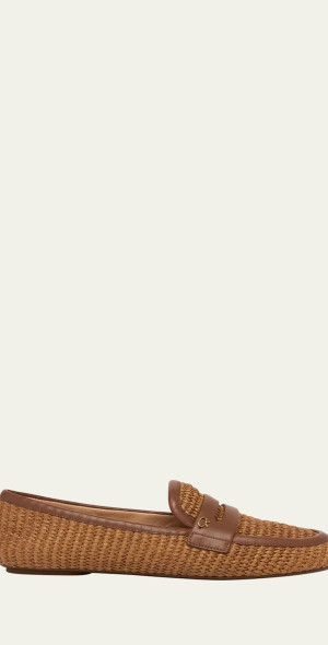 【Gianvito Rossi】 Leather-trimmed raffia loafers Gianvito Rossi Leather-Trimmed Raffia Loafers - Brown - 30