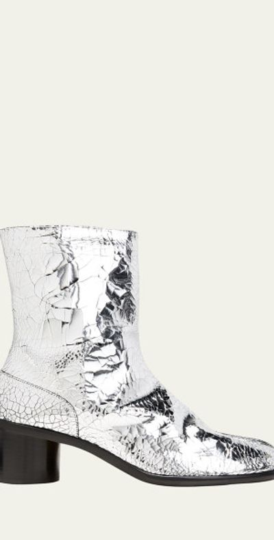 Maison Margiela Men's Cracked Metallic Leather Split-Toe Ankle Boots