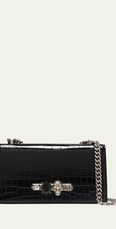 McQueen Shiny Croc-Embossed Jeweled Shoulder Bag