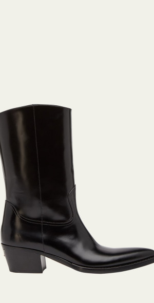 PRADA 25S TWO-BUTTON COWBOY BOOTS IN DARK BROWN CALFSKIN WITH SILVER HARDWARE