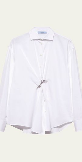 Prada Crystal Brooch Poplin Button Down Top