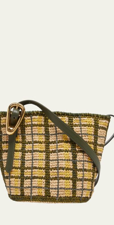 Rabanne Small Plaid Raffia Bucket Bag