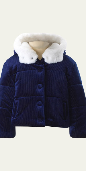 Rachel Riley - Girl's Faux Fur Trim Ribbed Hooded Puffer Jacket
