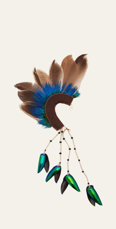 Ranjana Khan Feathered Ear Cuff with Beetle Wing Tassel, Single