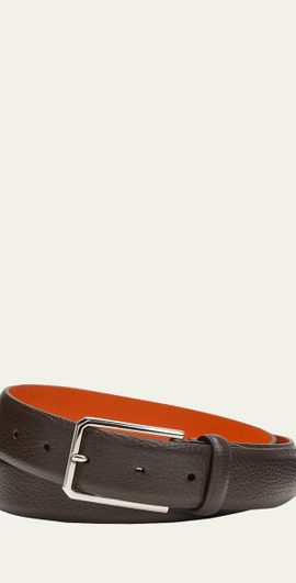 Santoni Men's Rectangle Buckle Grained Leather Belt