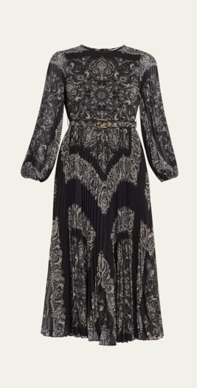 Zimmermann Sunray Long-Sleeve Pleated Midi Dress With Belt