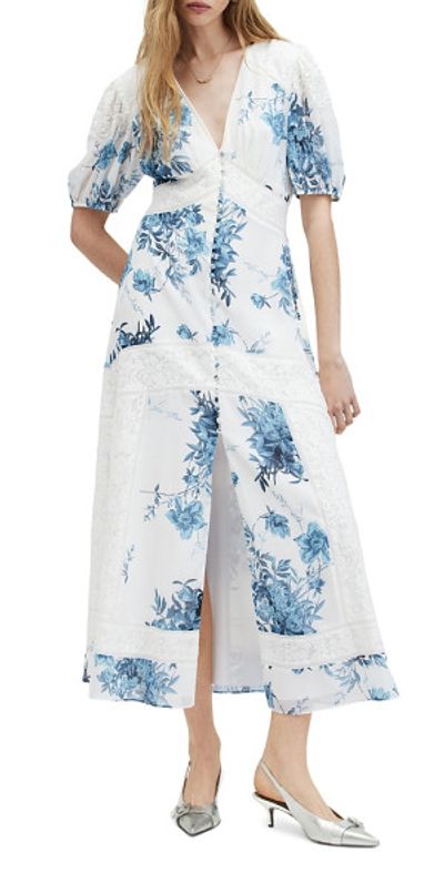 all saints blue and white dress All Saints Blue/White Printed Cotton Dalia Oceano Midi Dress S All Saints