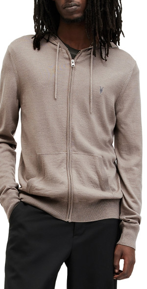 AllSaints Mode merino wool zip-through logo hoodie in charcoal grey