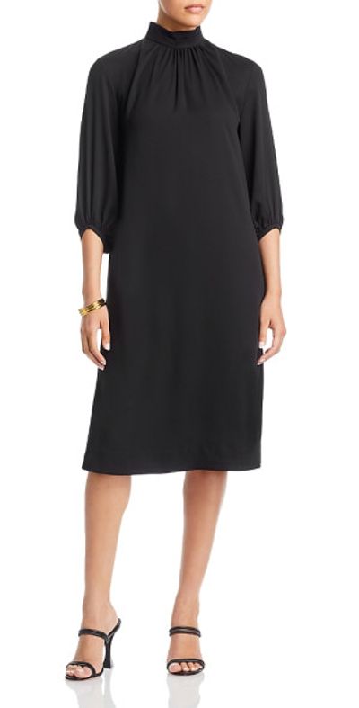 navy blue dress for baby girl Mock Neck A-Line Dress with Puff Sleeves and Bow Back 44883 main image 0