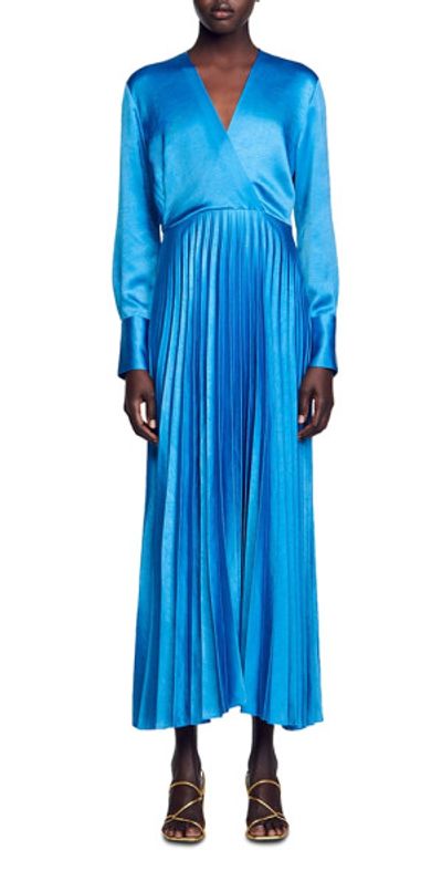 sandro long pleated dress Sandro Satin-effect Maxi Dress With Pleated Bustier