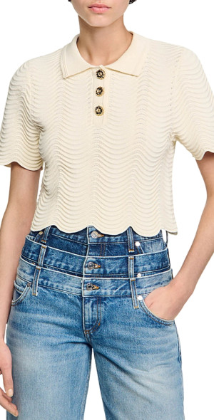Sandro - Campea Wavy Knit Cropped Polo Sweater