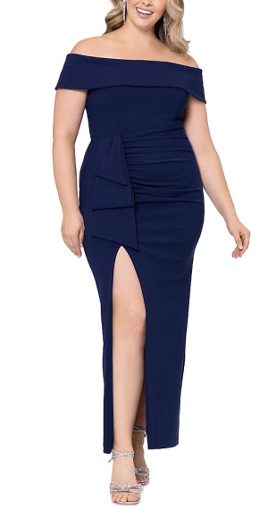 Xscape - Off-the-Shoulder Ruched Scuba Crepe Gown