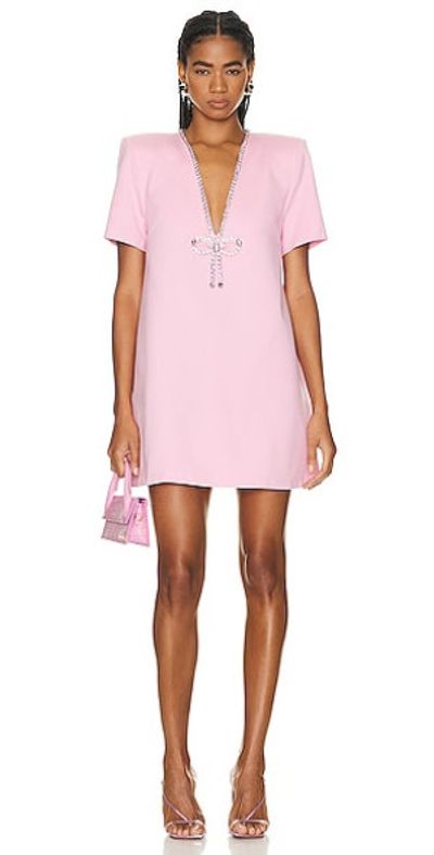AREA - Crystal Bow V-neck T-shirt Dress In Pale Pink