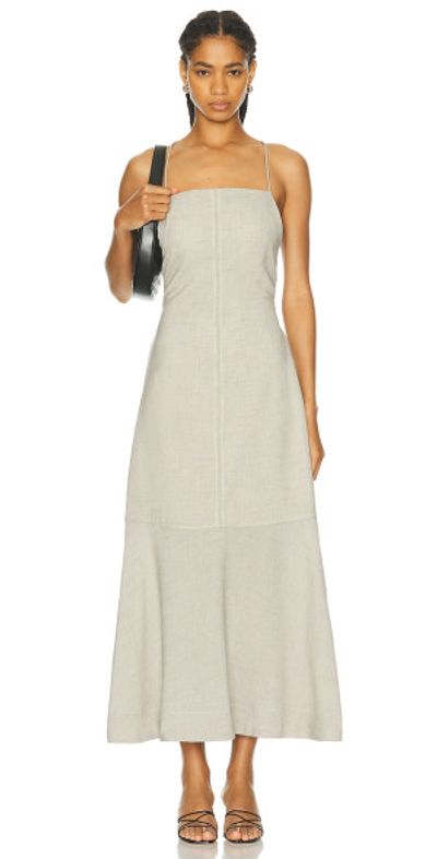 ganni beige dress Long brown and cream striped dress with a square neckline main image 0