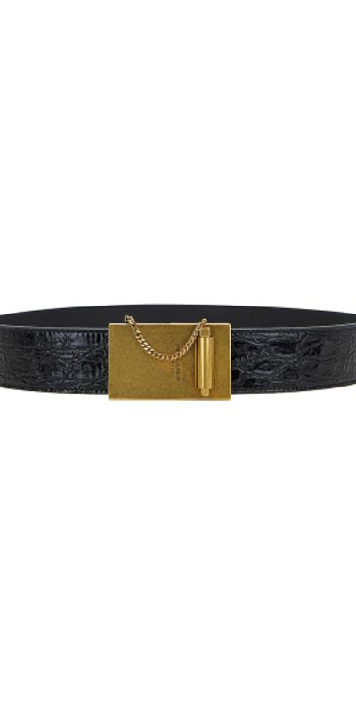 Saint Laurent Black and Bronze Embossed Belt Saint Laurent Croc-Embossed Skinny Belt In Black / Bronze  main image 3