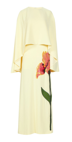 Costarellos Meena Floral Appliqued Crepe Cape Effect Column Gown