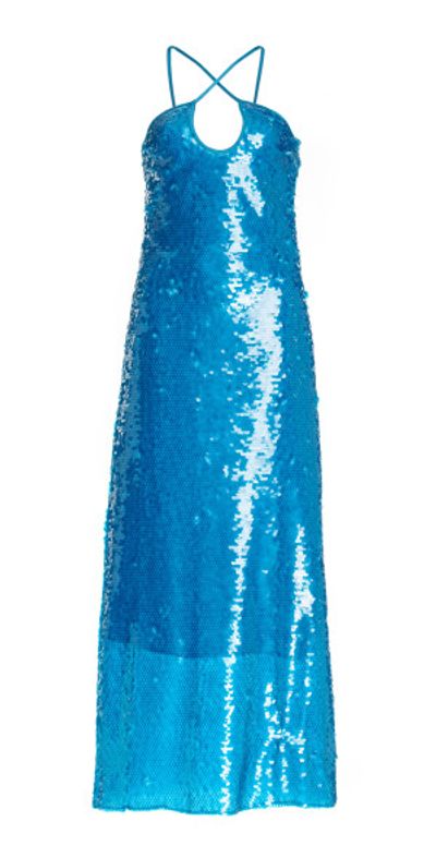 cult gaia dress blue ASTR the Label | Alcina Tiered Maxi Dress in Blue White Polkadot main image 1