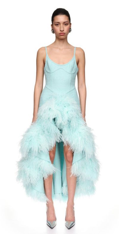 blue dress with feather trim Long Beaded Mermaid Prom Dress with Feathers Light Blue / 6 main image 1