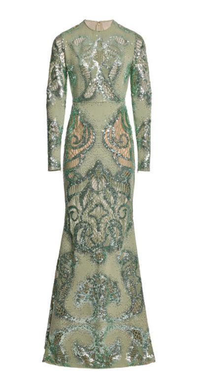 black suit with green dress Elie Saab Junior green dress with shoulder embellishments ELIE SAAB
