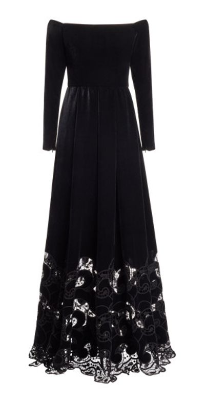 black long women dress Embroidered Velvet Long Dress, Black / 6 main image 1