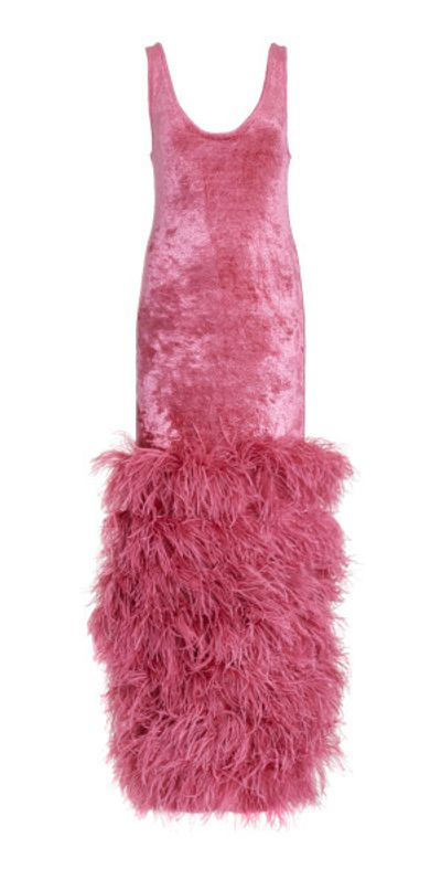 lapointe pink dress LAPOINTE Feather-trimmed Velvet Maxi Dress in Pink
