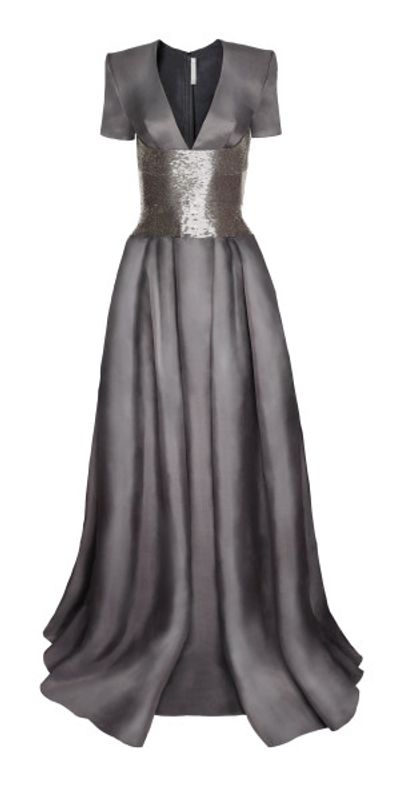 Naeem Khan - - Short Sleeve V-Neck Organza Gown With Beaded Waist - Grey -  US 20 - Only At Moda Operandi