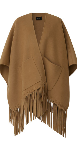 R2W - - Fringed Wool Cape Coat - Brown - OS