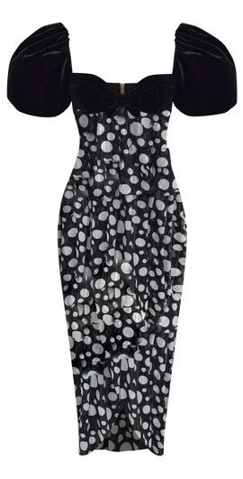 Rasario Rasario - Puff-Sleeve Floral Chiffon Midi Dress - Black/white - FR 38