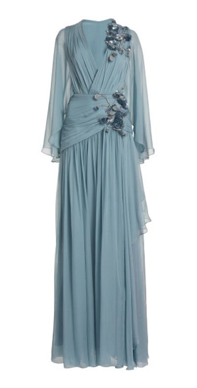 zuhair murad silk maxi dress dupe Zuhair Murad - - Draped Beaded Silk Chiffon Maxi Dress - Light Blue - FR 38