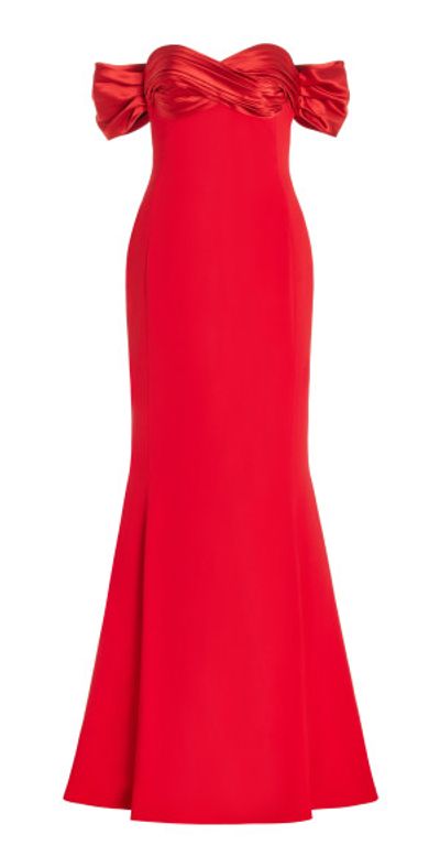 red dress zuhair murad shaninamshaik wears a deep red strapless gown with a sweetheart neckline and a dramatic over skirt from the #ZuhairMuradRTW Fall 2024 collection to the Opening Ceremony of the 77th Annual Cannes Film