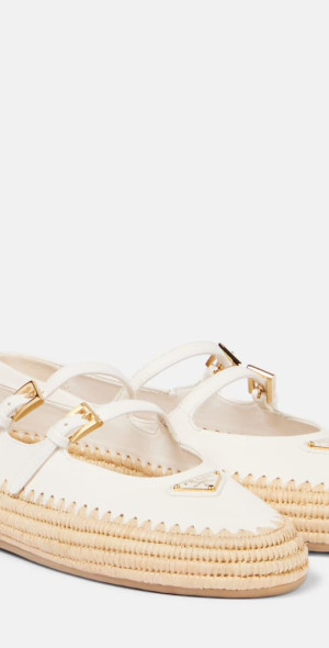 Prada - Leather and raffia Mary Jane flats