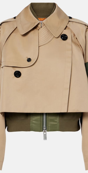 【sacai】Cropped Gabardine Blend Jacket SACAI Layered shell-trimmed cotton-blend gabardine and