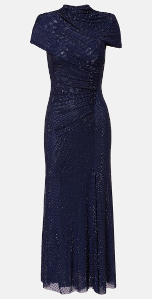 Self-Portrait - Draped rhinestone mesh midi dress