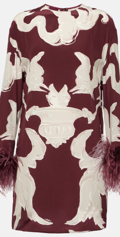 Valentino Valentino Printed feather-trimmed silk minidress