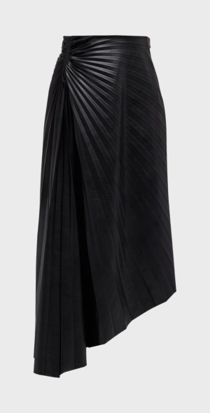 Faux Leather Paneled Asymmetric Pleated Maxi Skirt