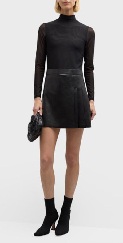 Alice + Olivia Chara Long-Sleeve Vegan Leather Pleated Mini Dress