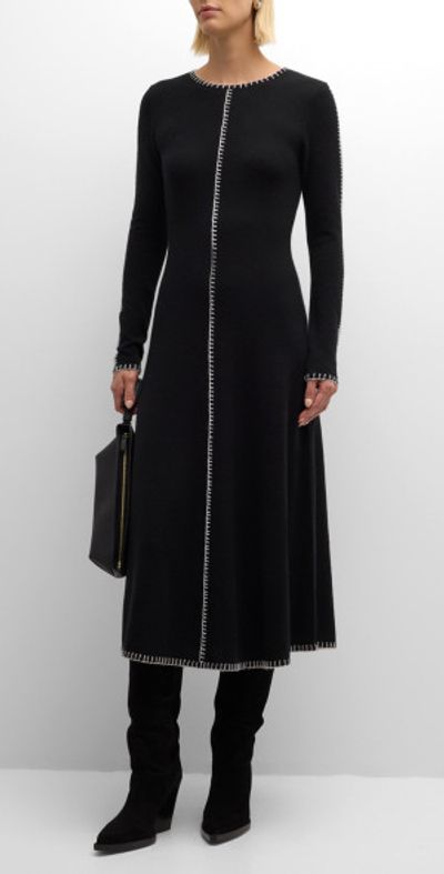 knee length dresses for ladies Womens Cashmere Knit Midi Dress Long Sleeve Polo Collar V Neck Dress Black / XXL main image 1