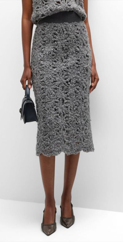 Brunello Cucinelli - Winter Floral Paillette Crochet Knit Midi Pencil Skirt