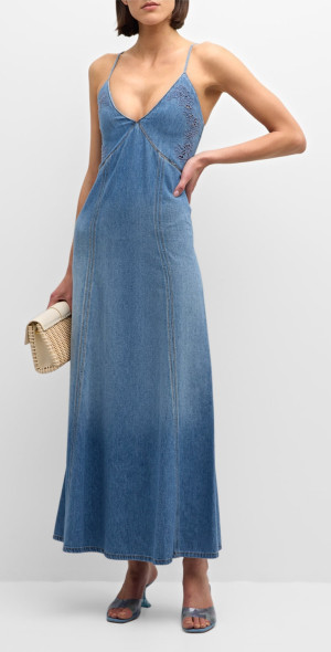 Chloe◆Denim Maxi Dress with Eyelet Embroidery Chloe - Denim Maxi Dress with Eyelet Embroidery