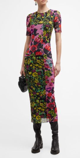 Fuzzi Short-Sleeve Floral-Print Tulle Midi Dress