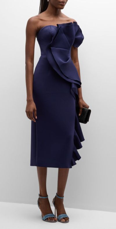 Jovani - Strapless Ruffle Scuba Midi Dress