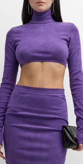 LaQuan Smith Mock-Neck Suede Long-Sleeve Crop Top