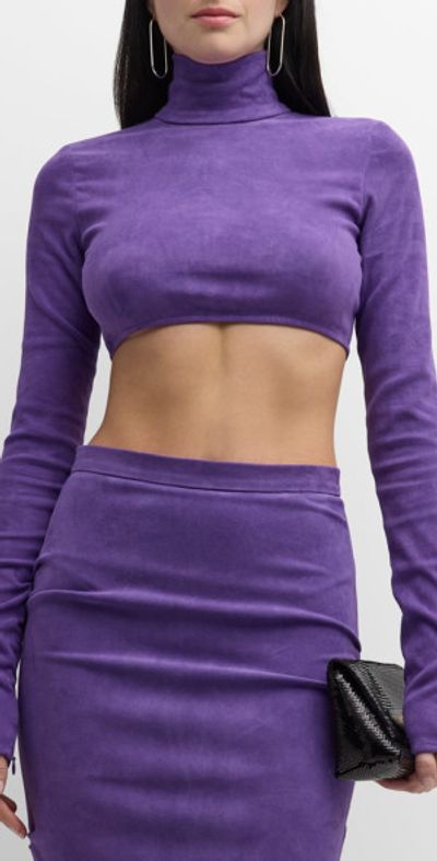 LaQuan Smith Mock-Neck Suede Long-Sleeve Crop Top